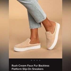 Rush Cream Faux Fur Backless Flatform Slip-On Sneakers